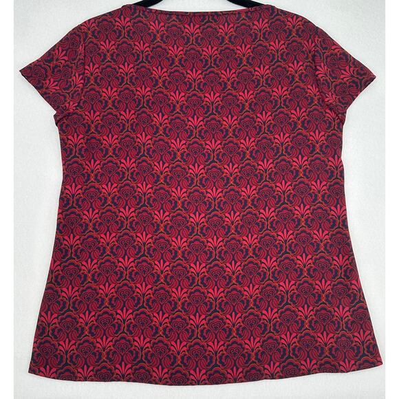 Loft Petites Red Burgundy Floral Round Neck Pleated Front Cap Sleeve Top SP - Picture 4 of 7